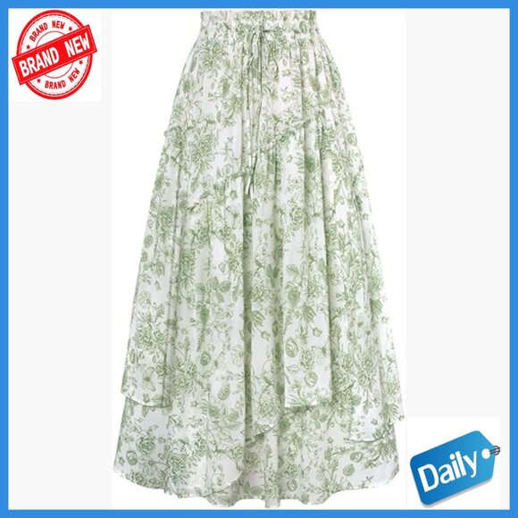 Floral Maxi Skirt with Pockets Elastic High Waist Tiered A-Line Boho
